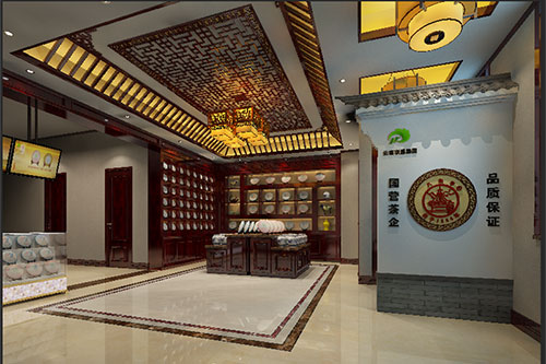 刚察古朴典雅的中式茶叶店大堂设计效果图